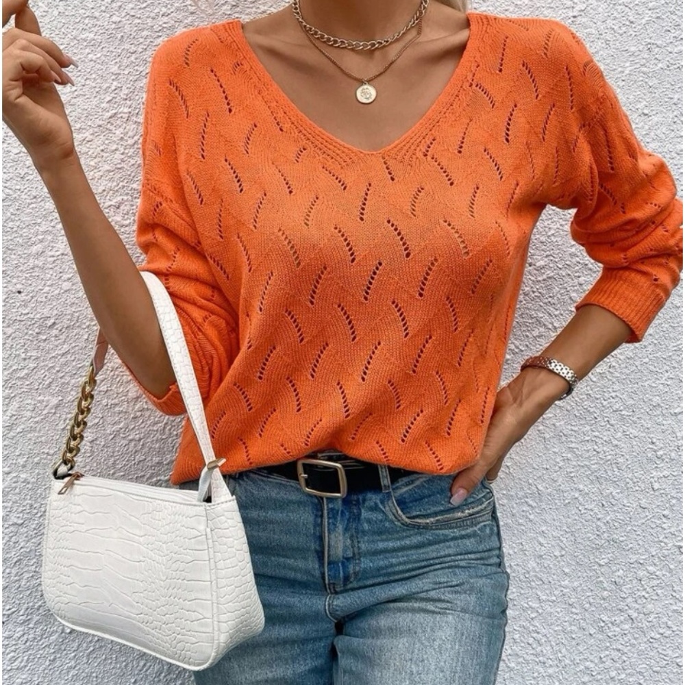 New orange v neck knit long sleeve sweater - Picture 2 of 6